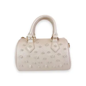 Pearl Studs Cream Leather Barrel Bag