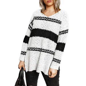 PIN GROUPS European And American Women's V-neck Split Loose Casual Striped Sweater