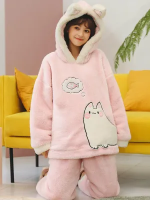 PINK CAT CUTE CORAL FLEECE THICKENED HOODED CARTOON CLOTHES