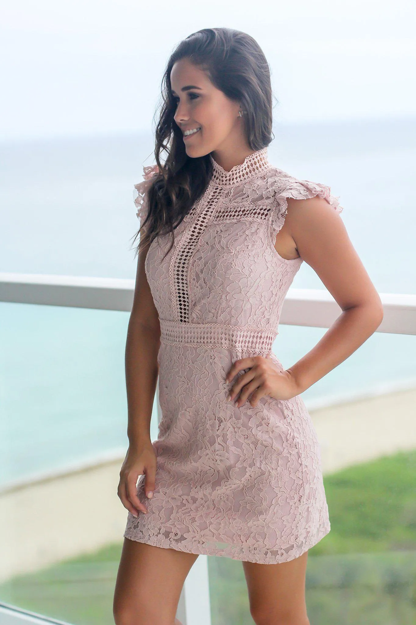 Pink Crochet Short Dress with High Neck