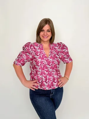 Pink Floral Jacquard Peplum Top