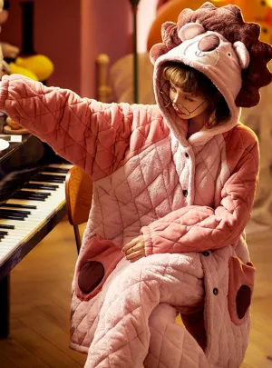 PINK LION THREE-LAYER THICKENED WARM CORAL FLEECE TWO-PIECE SUIT