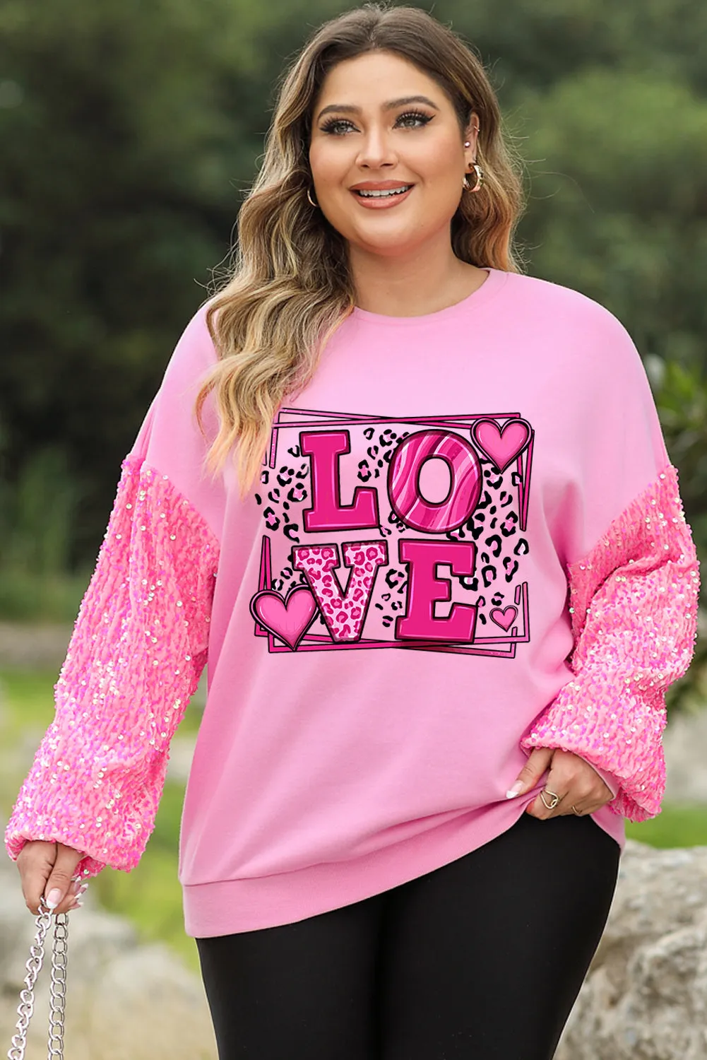 Pink Plus Size Leopard LOVE Graphic Sequin Sleeve Sweatshirt