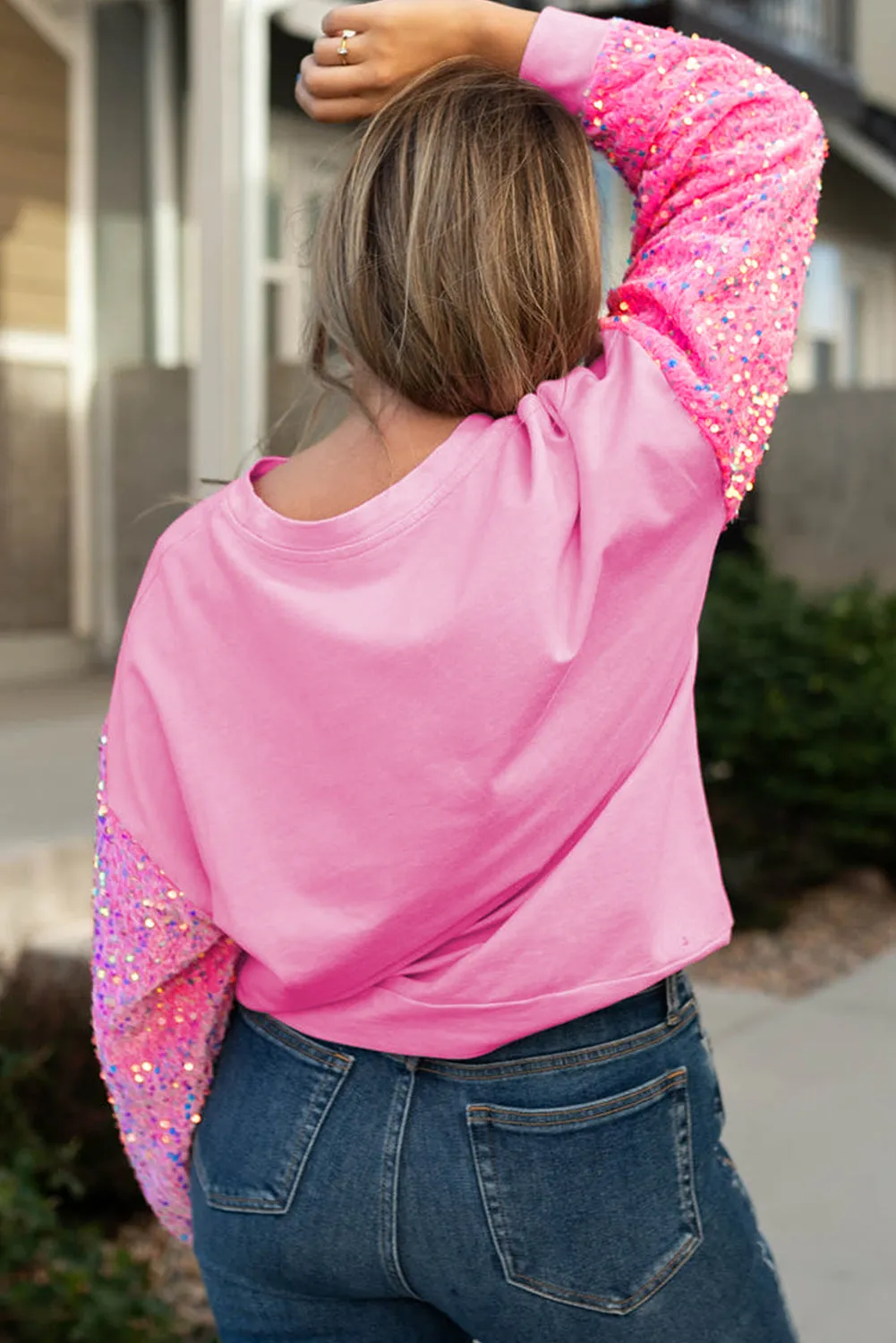Pink Plus Size Leopard LOVE Graphic Sequin Sleeve Sweatshirt