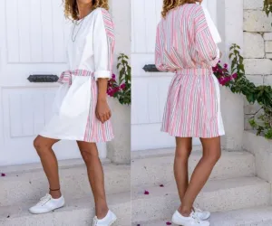 Pink Self Belted Short Sleeve Midi Front Back Garnish Pocket Loose Dress,Midi Dress,Short Sleeve Dress-Boho Wear Womens Dress,Vintage Dress