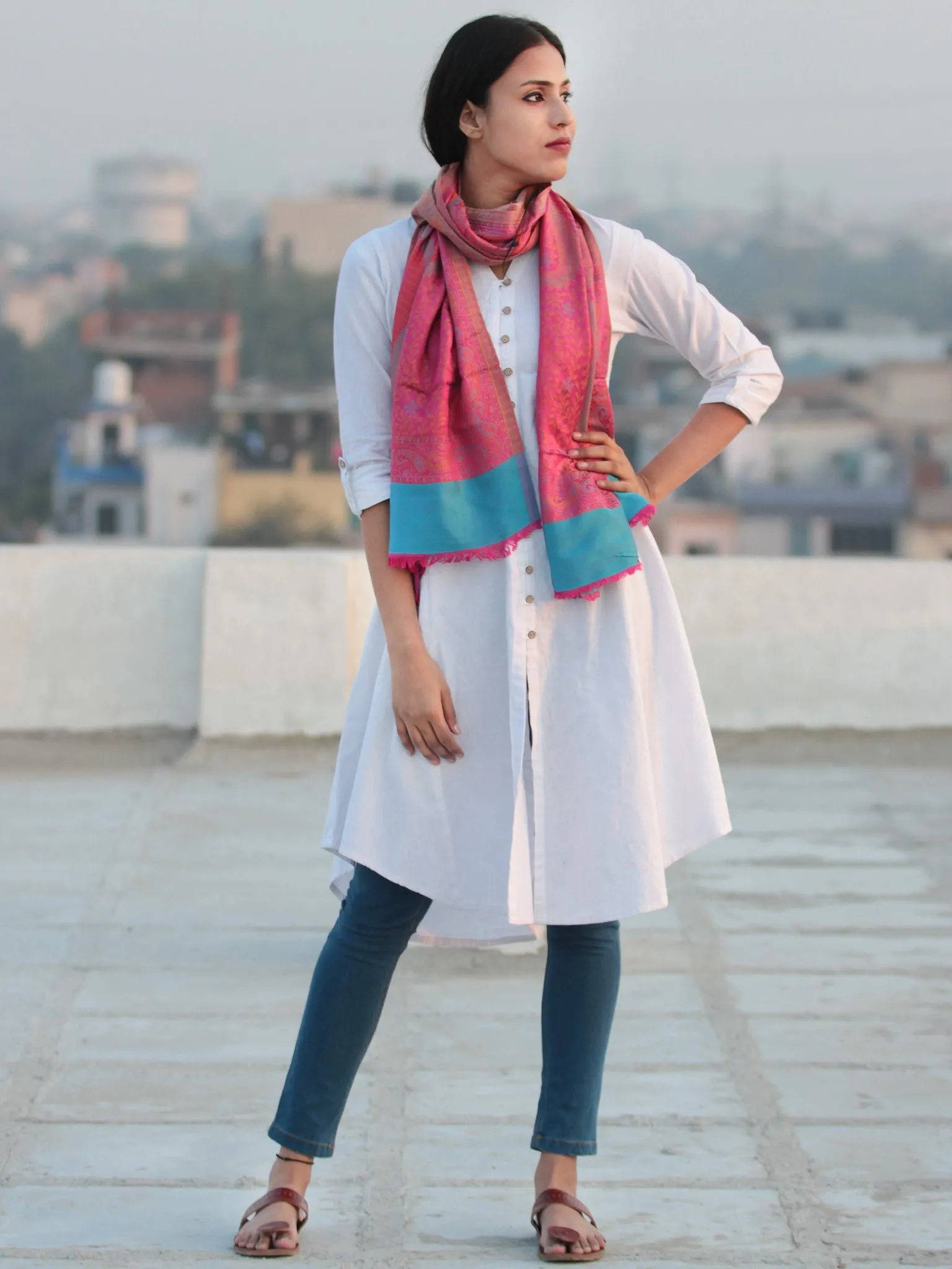 Pink Sky Blue Jamavari Silk Woollen Kashmiri Stole - S200535