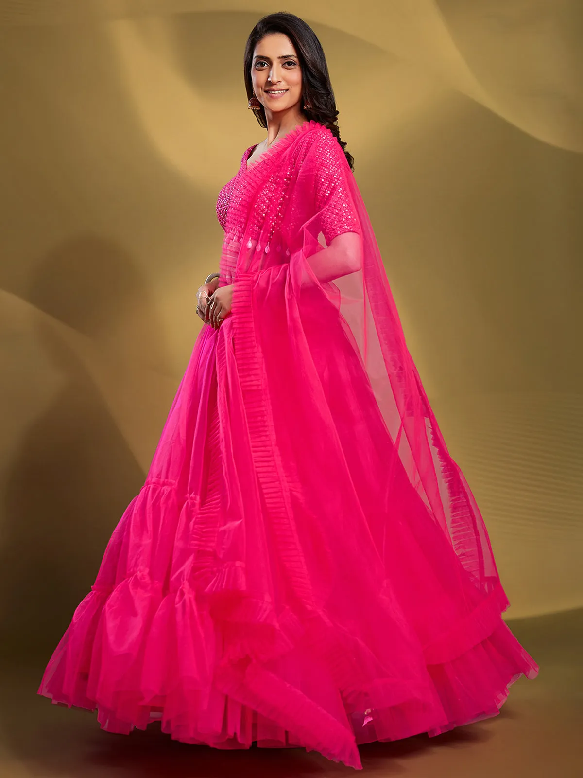 Pink Soft Net Solid Semi Stitched Lehenga Choli