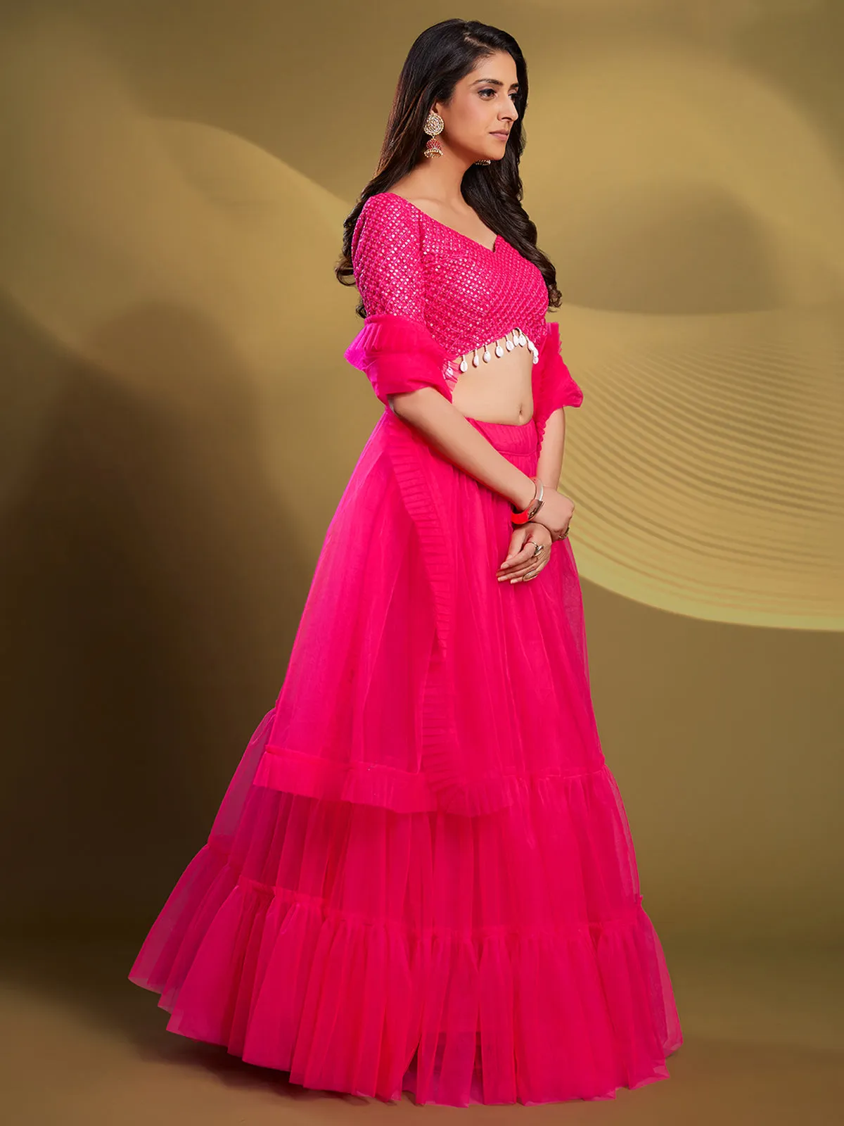 Pink Soft Net Solid Semi Stitched Lehenga Choli