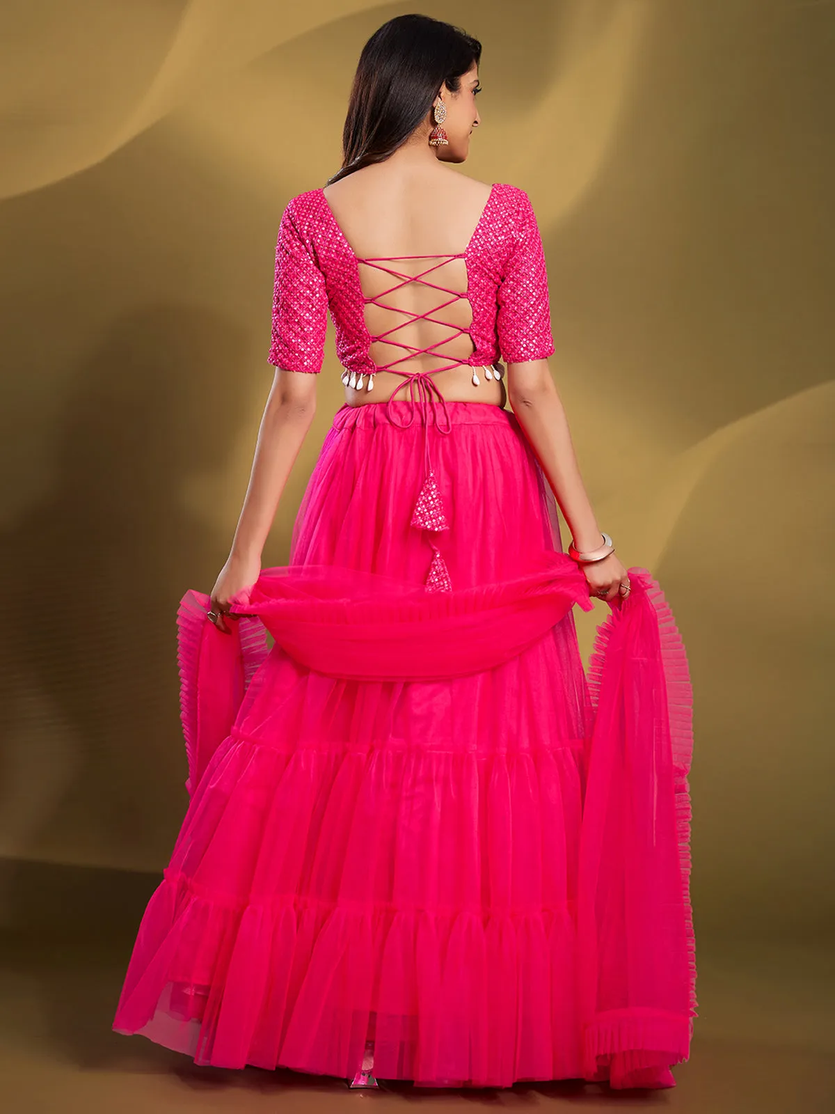Pink Soft Net Solid Semi Stitched Lehenga Choli