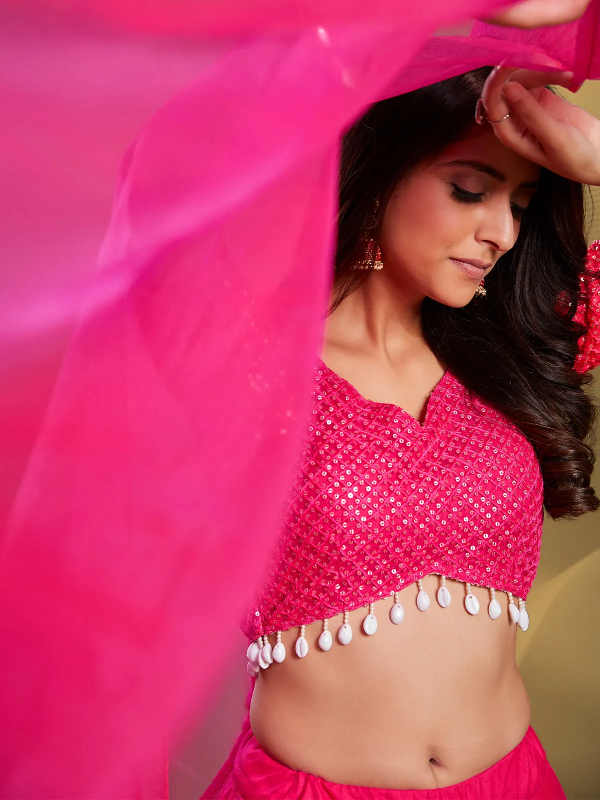 Pink Soft Net Solid Semi Stitched Lehenga Choli