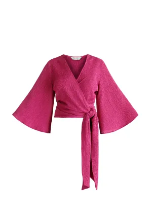 Pink Textured Wrap Kimono Blouse