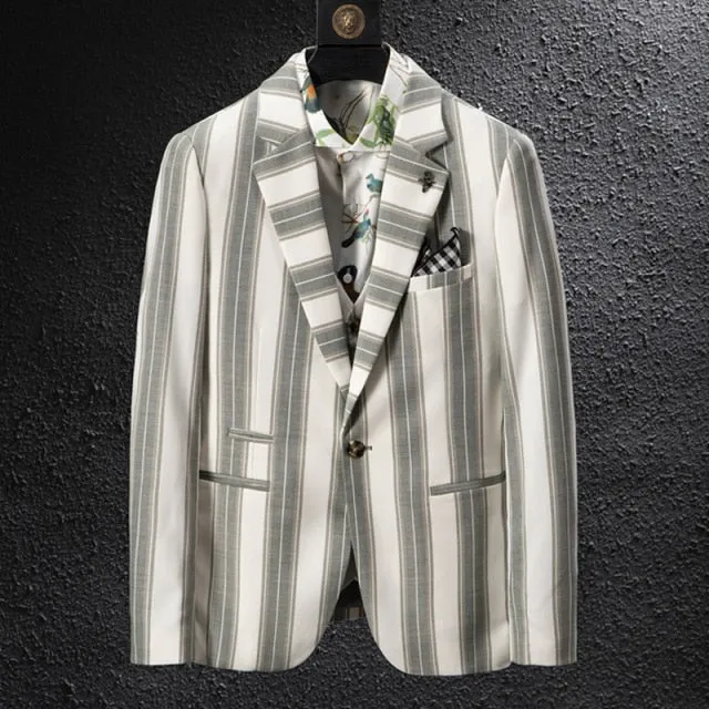 Plaid Style Stripe Pattern Single Button Blazer