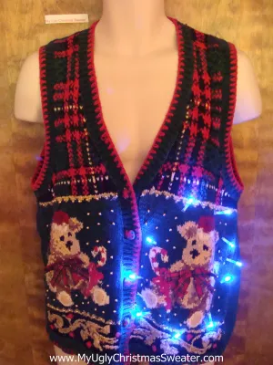 Plaid Vest with Bears Cute Christmas Sweater with Lights