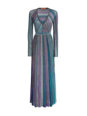Pleated Lamé Long-Sleeve Maxi Dress