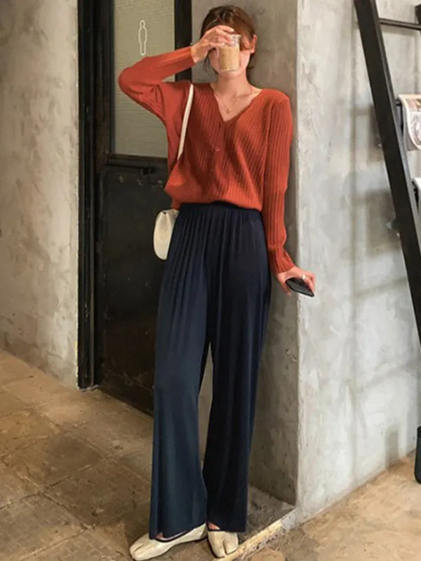 Pleated Solid Color Comfortable Casual Loose Wide-Leg Pants