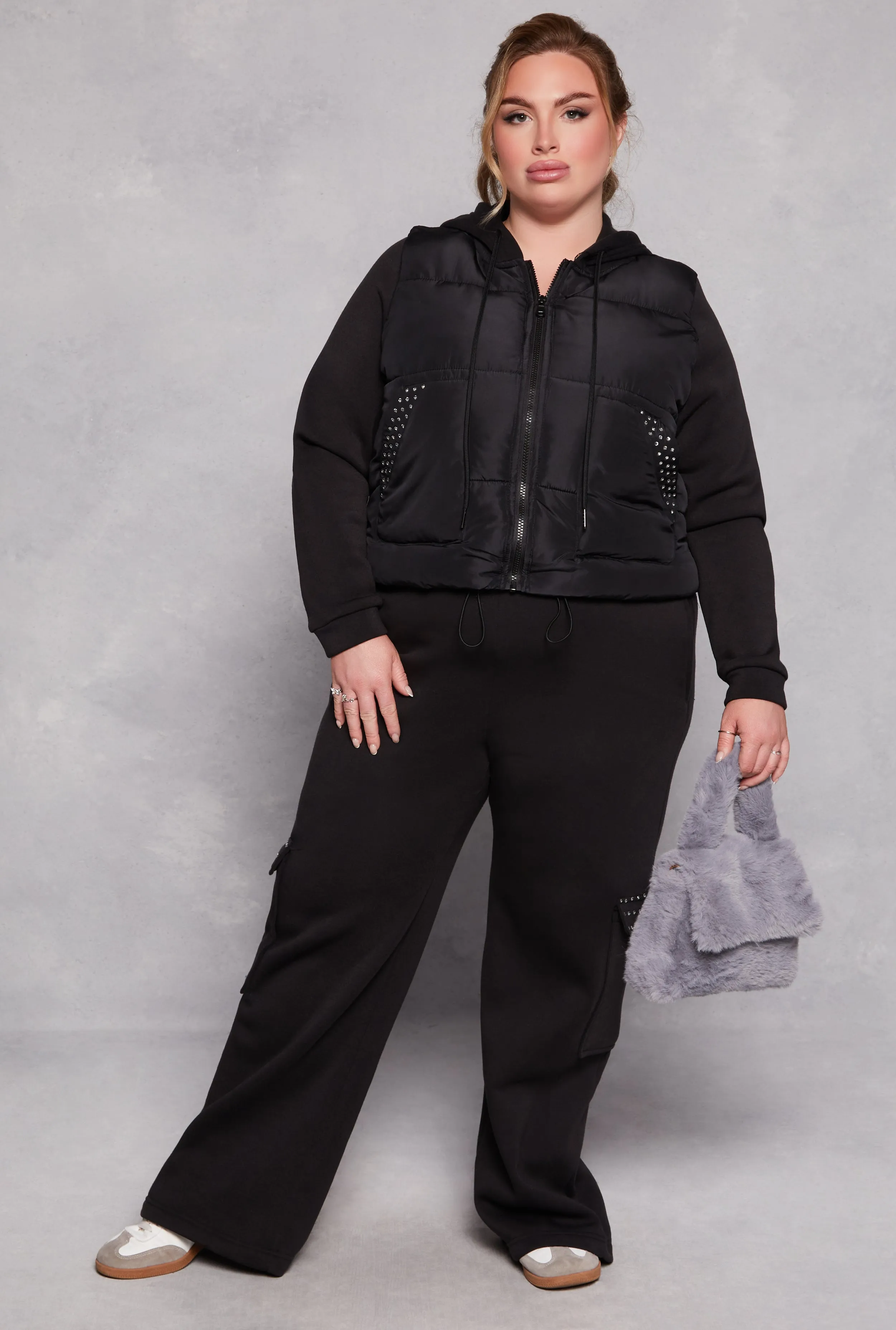 Plus Size Almost Famous Rhinestone Hooded Puffer Jacket