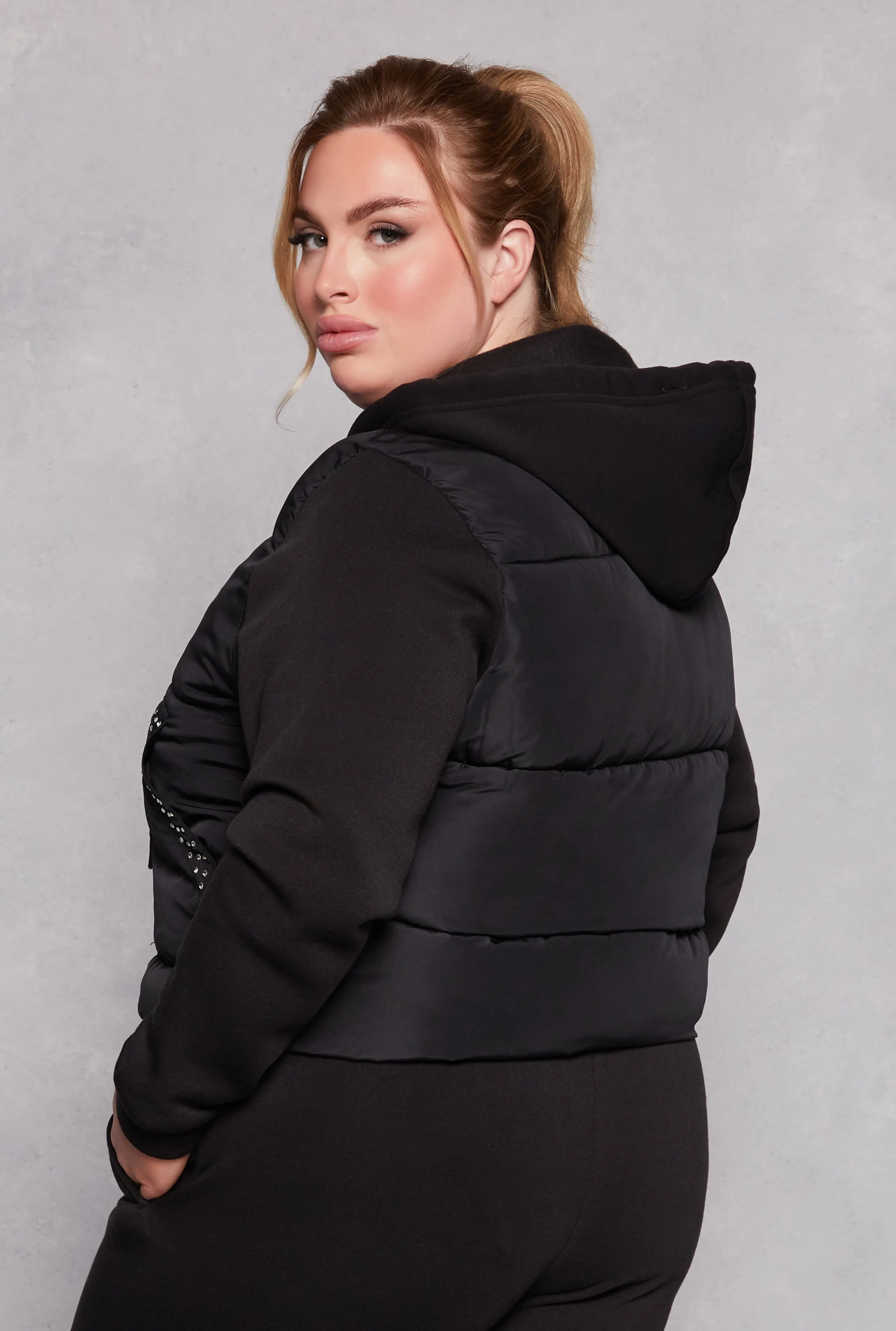 Plus Size Almost Famous Rhinestone Hooded Puffer Jacket