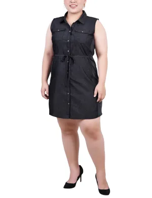 Plus Size Sleeveless Belted Chambray Dress