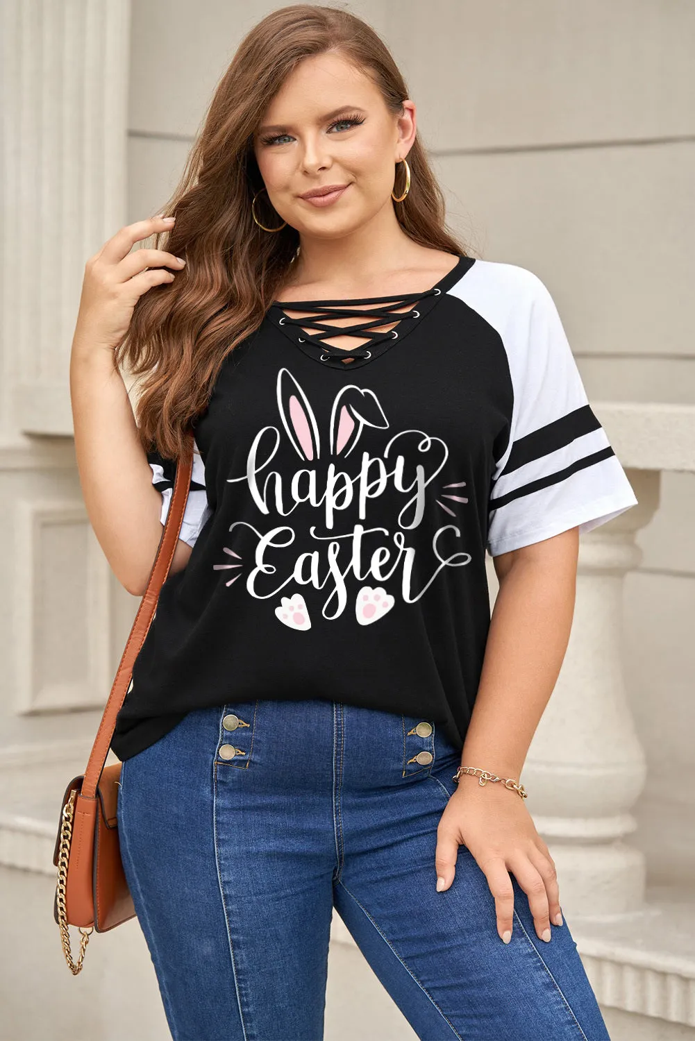Plus Size Tee Happy Easter Bunny Graphic Short Sleeve Shirts Tops