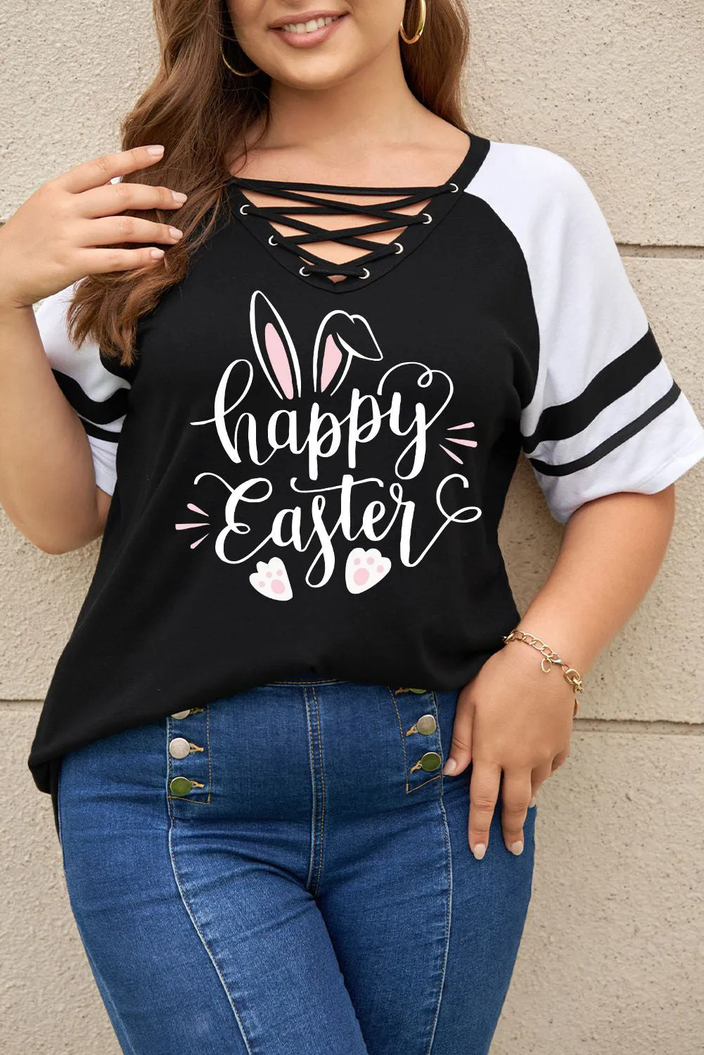 Plus Size Tee Happy Easter Bunny Graphic Short Sleeve Shirts Tops
