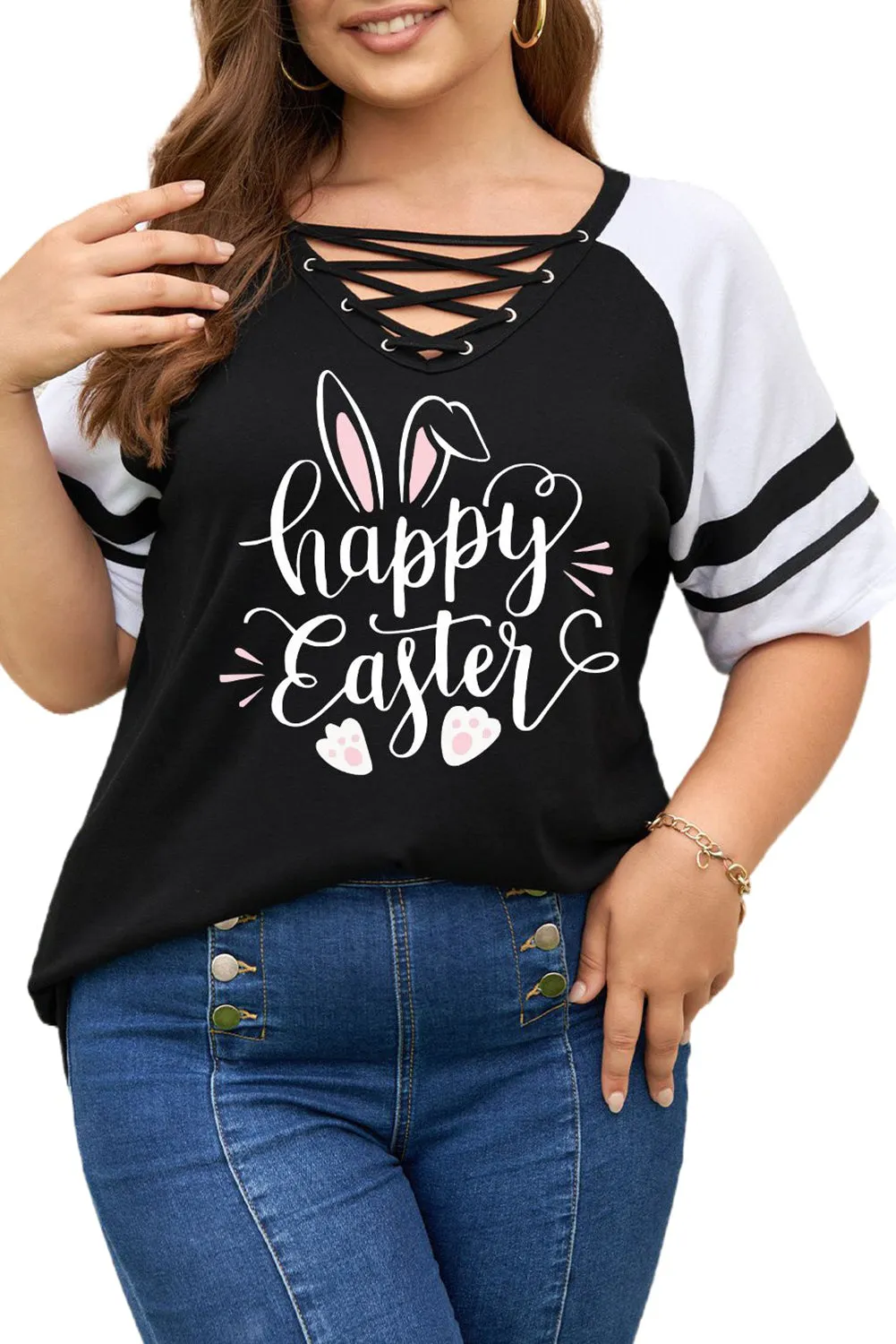 Plus Size Tee Happy Easter Bunny Graphic Short Sleeve Shirts Tops