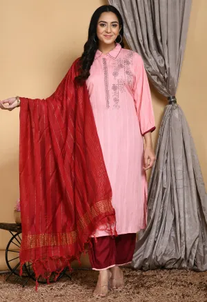 Plus Size Women Peach Collared Embellished Kurta Set