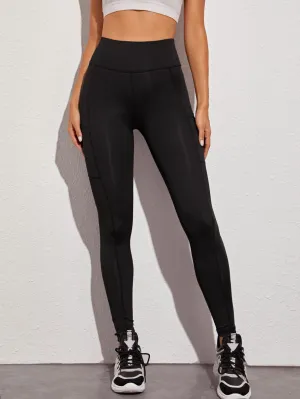 Pocket Wide Band Waist Sports Leggings
