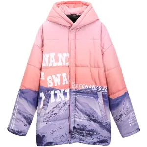 Pockets Print Hooded Loose Padded Coat