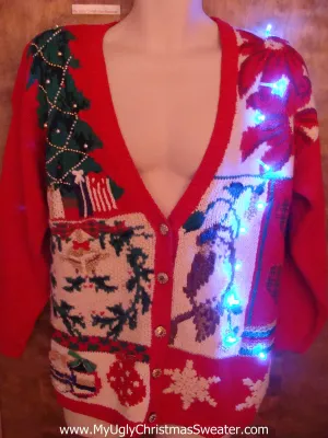 Poinsettias and Bird Themed 80s Light Up Ugly Xmas Sweater