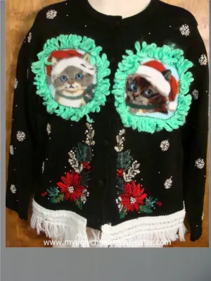 Poinsettias and Snowflakes Ugly Christmas Cat Sweater
