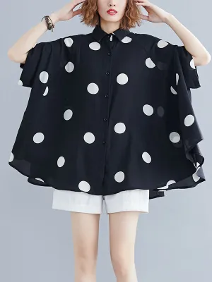 Polka-Dot Batwing Sleeves Loose Lapel Blouses&shirts Tops