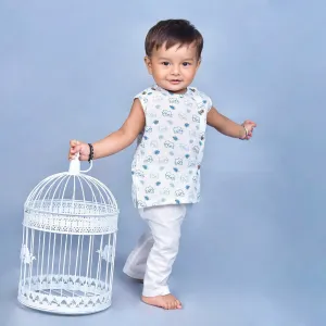 Polka Tots Elephant Print Sleeveless Jhabla and Pant Set - White & Blue
