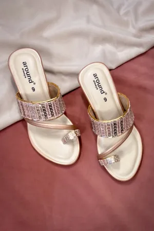 Poly Silk & Rexine Embroidered Kolhapuri Rose Gold Heels
