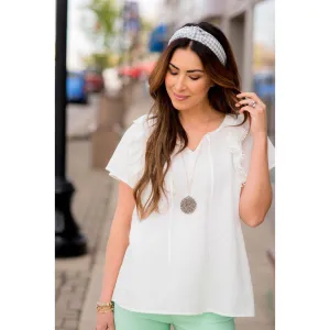 Pom Trim Flutter Sleeve Blouse
