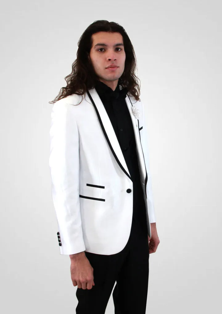 Portabella Solid 1 Button Slim Fit Tuxedo Suit with Compose Shawl Lapel, TUX900-WHITE