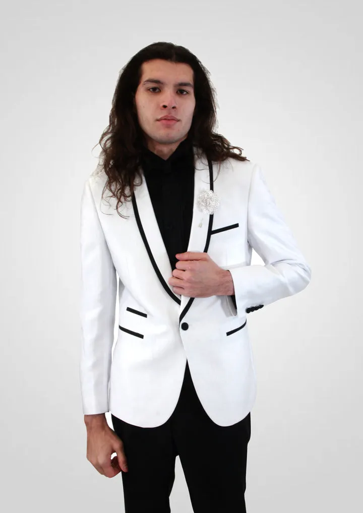 Portabella Solid 1 Button Slim Fit Tuxedo Suit with Compose Shawl Lapel, TUX900-WHITE