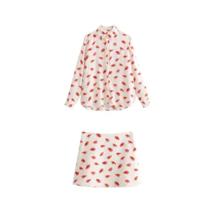 Pre Order:  Casual Lips Print Long Sleeve Shirt   Mini Skirt