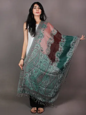 Prussian Green Orange Maroon Pure Wool Jamawar Stole from Kashmir - S6317099