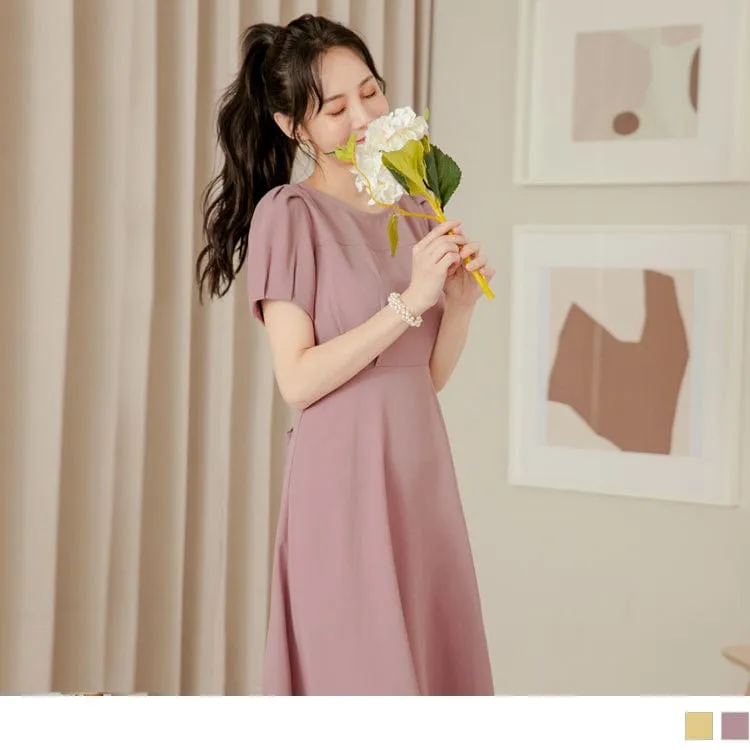 PUFF SLEEVE ROUND NECK TIE WAIST SKATER DRESS