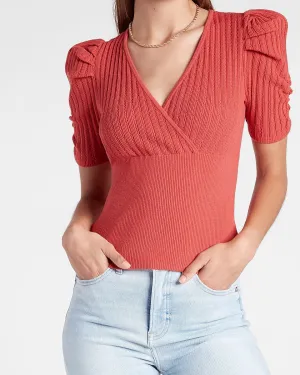 Puff Sleeve Wrap Front Sweater in Baked Apple