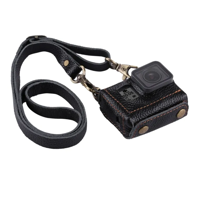 PULUZ for GoPro HERO7 Black /6 /5 Litchi Texture Genuine Leather Housing Case with Set Key Hole & Neck Strap & 52mm UV Lens(Black)