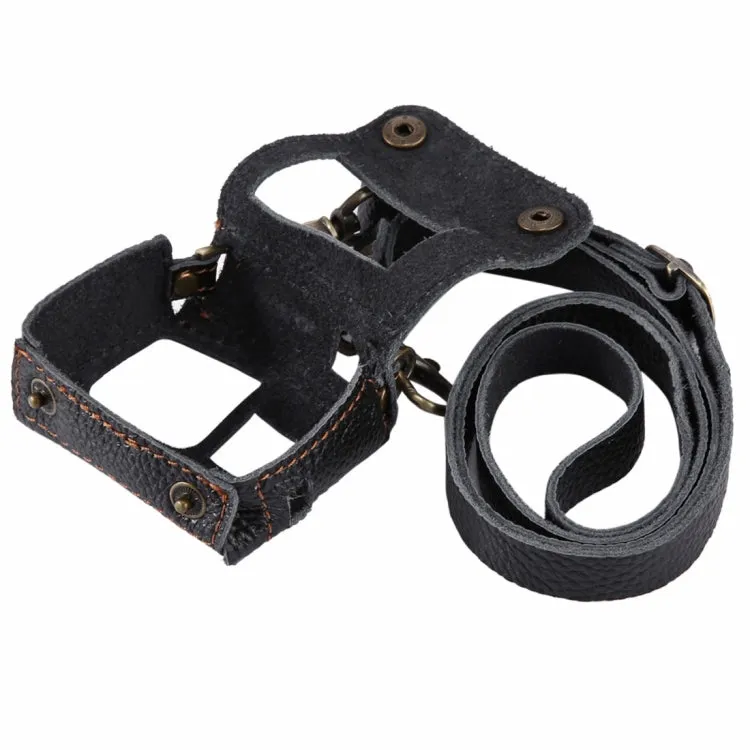 PULUZ for GoPro HERO7 Black /6 /5 Litchi Texture Genuine Leather Housing Case with Set Key Hole & Neck Strap & 52mm UV Lens(Black)
