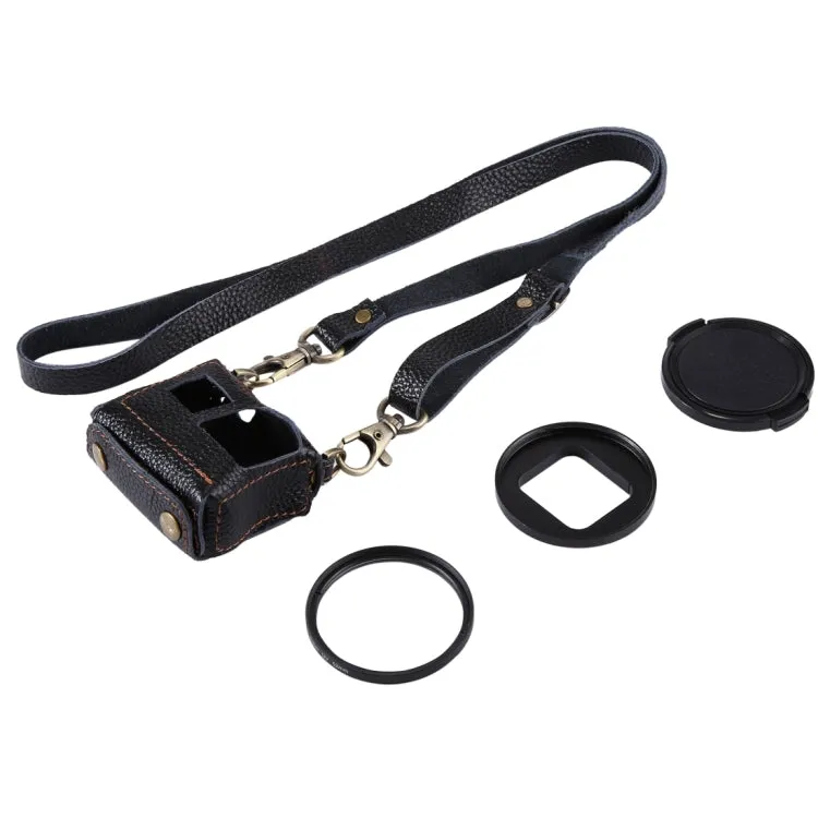 PULUZ for GoPro HERO7 Black /6 /5 Litchi Texture Genuine Leather Housing Case with Set Key Hole & Neck Strap & 52mm UV Lens(Black)