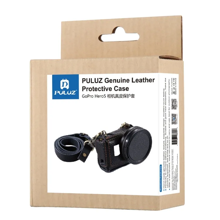 PULUZ for GoPro HERO7 Black /6 /5 Litchi Texture Genuine Leather Housing Case with Set Key Hole & Neck Strap & 52mm UV Lens(Black)