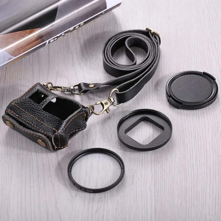 PULUZ for GoPro HERO7 Black /6 /5 Litchi Texture Genuine Leather Housing Case with Set Key Hole & Neck Strap & 52mm UV Lens(Black)