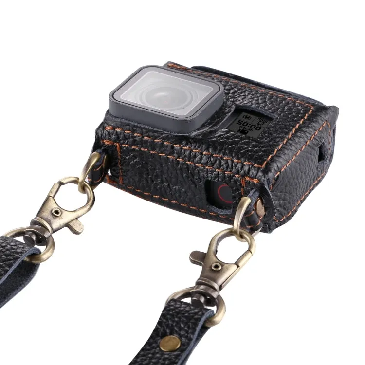 PULUZ for GoPro HERO7 Black /6 /5 Litchi Texture Genuine Leather Housing Case with Set Key Hole & Neck Strap & 52mm UV Lens(Black)