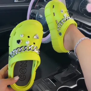 Purpdrank - Fluorescent Yellow Casual Daily Hollowed Out Patchwork Chains Round Comfortable Shoes