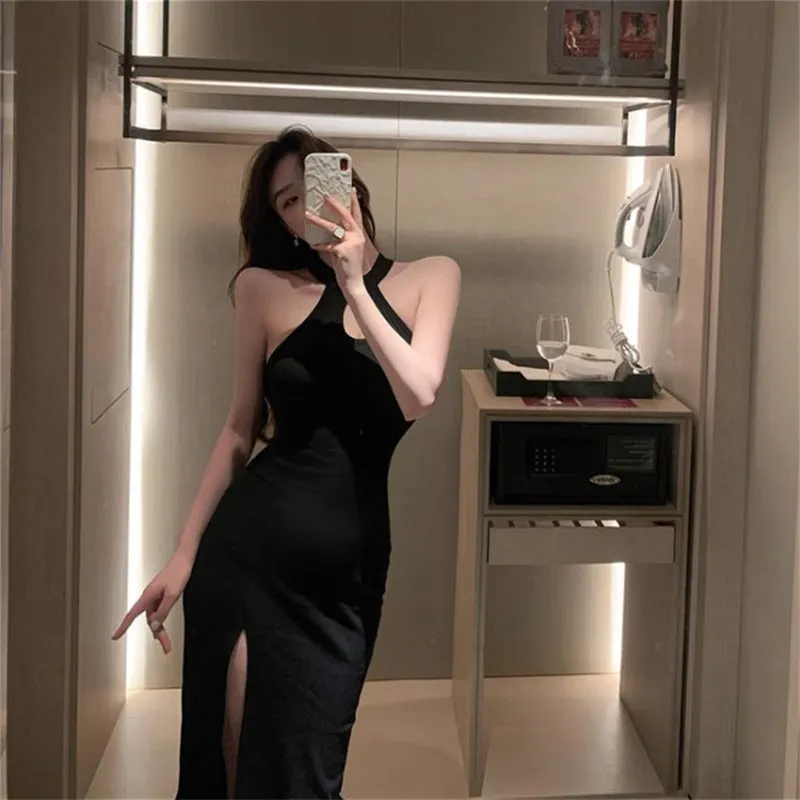 Purpdrank holiday dress Improved Cheongsam Dress French Sexy High Temperament Slimming Halter Dress Women's Summer Sleeveless over-the-Knee Skirt