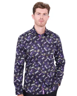 Purple Dragonfly Print Shirt with Matching Handkerchief