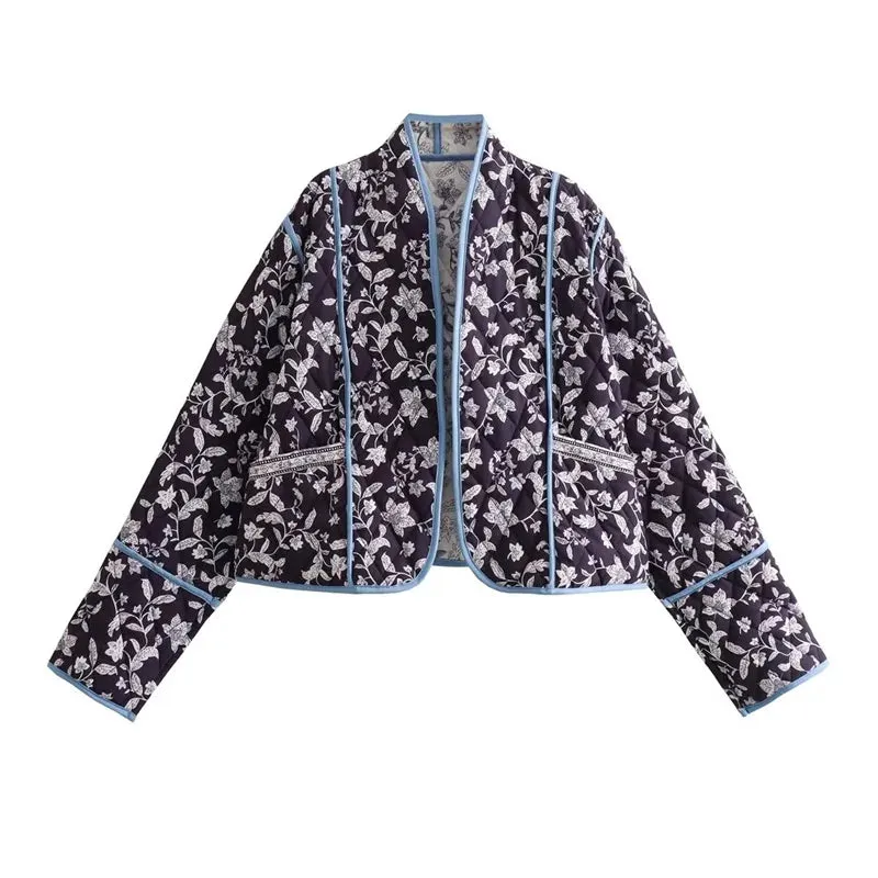 Purple Floral Cotton Coat - 2024 Autumn Winter - Loose Print - Casual Warm Jacket